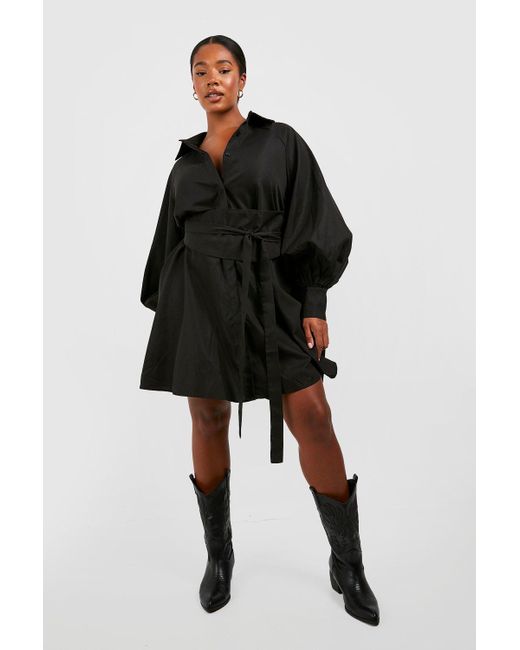 Boohoo Black Plus Poplin Tie Corset Shirt Dress