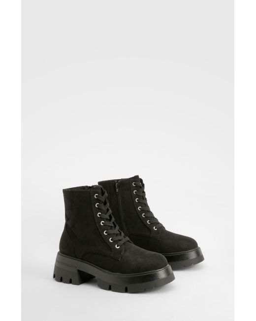 Boohoo Black Wide Fit Chunky Platform Heeled Lace Up Ankle Boot