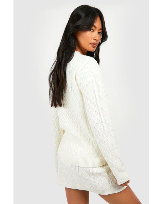 Boohoo White Cable Jumper And Mini Skirt Knitted Co-ord