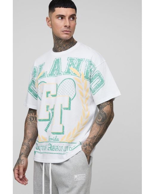 BoohooMAN White Tall Oversized Orlando Over The Seam Print T-Shirt for men