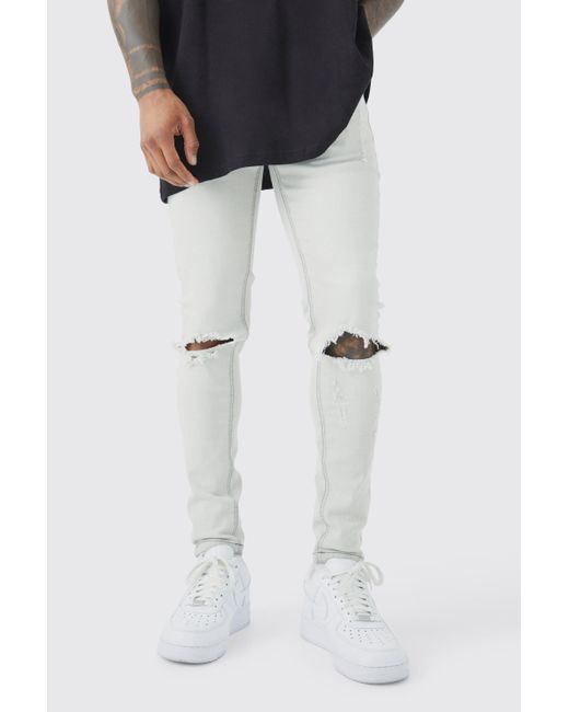 BoohooMAN Gray Super Skinny Stretch Multi Rip Stacked Jeans for men