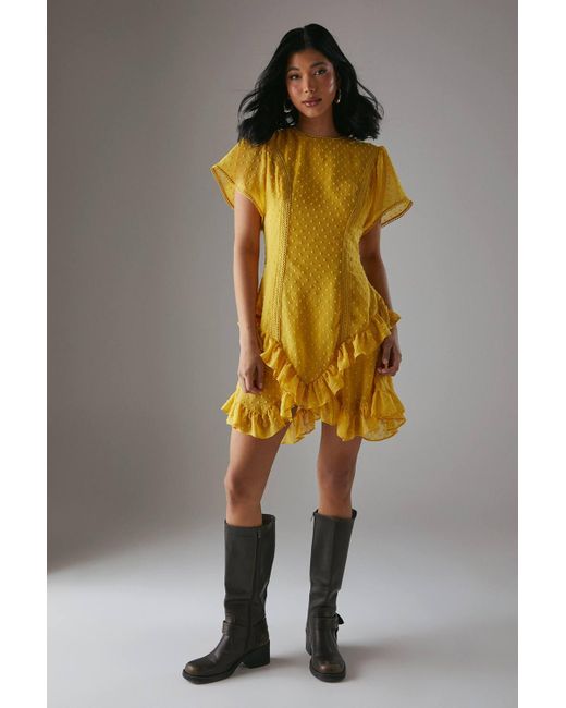 Warehouse Yellow Hcd Dobby Chiffon Lace Trim Ruffle Mini Dress