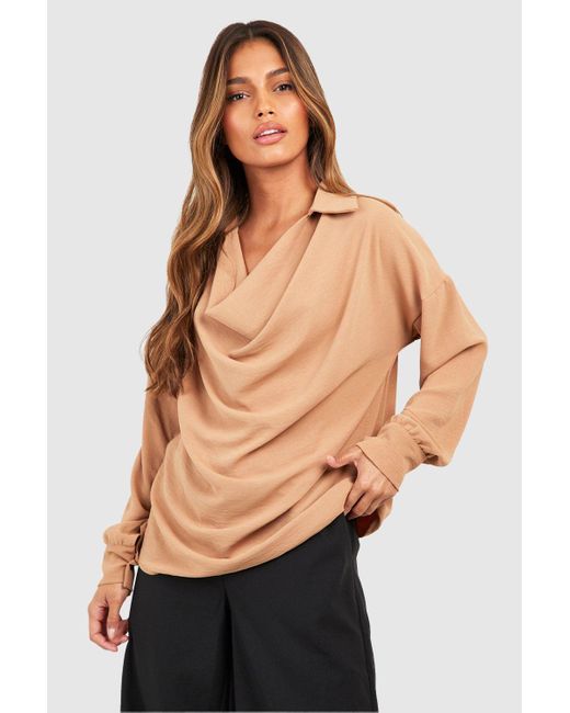 Boohoo Natural Hammered Cowl Neck Blouse
