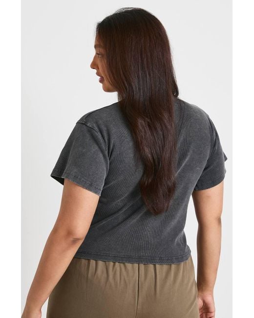 Boohoo Black Plus Acid Wash Rib Button Through Slouchy 3/4 Sleeve Top