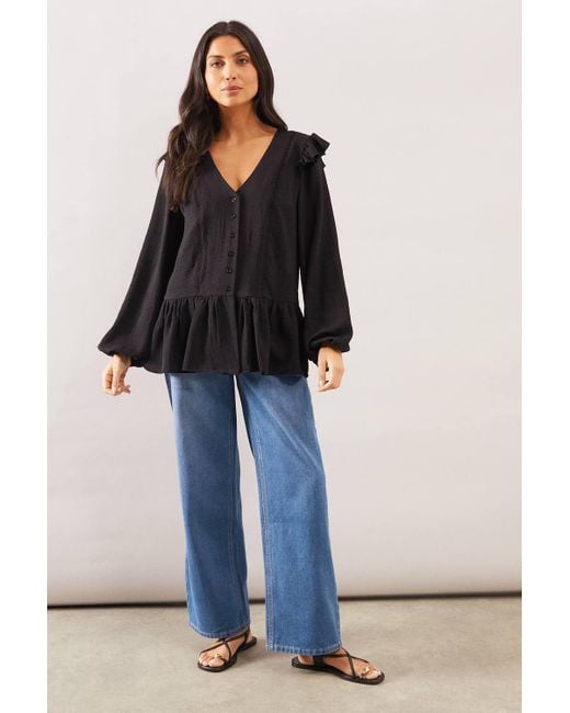 Wallis Black Woven Ruffle Button Blouse