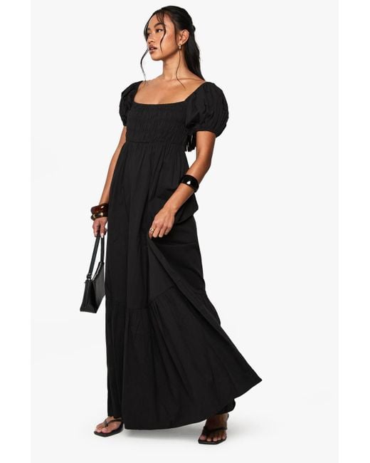 Boohoo Women's Black Cotton Poplin Puff Sleeve Maxi Dress