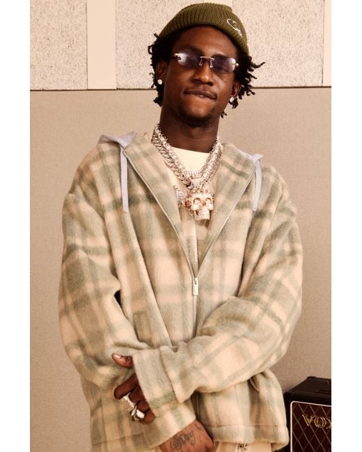 BoohooMAN Men's Green Oversized Hooded Heavyweight Brushed Flannel