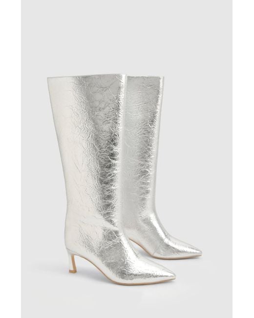 Boohoo White Textured Metallic Column Knee High Boots