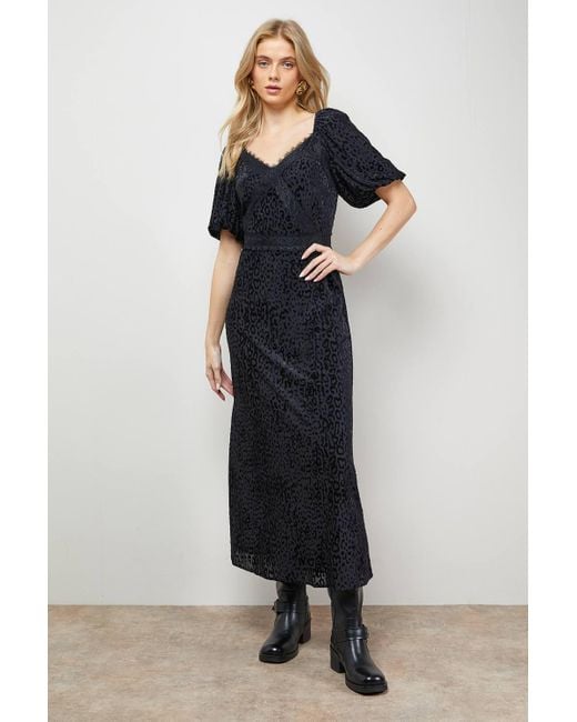 Oasis Blue Devore Puff Sleeve Midi Dress