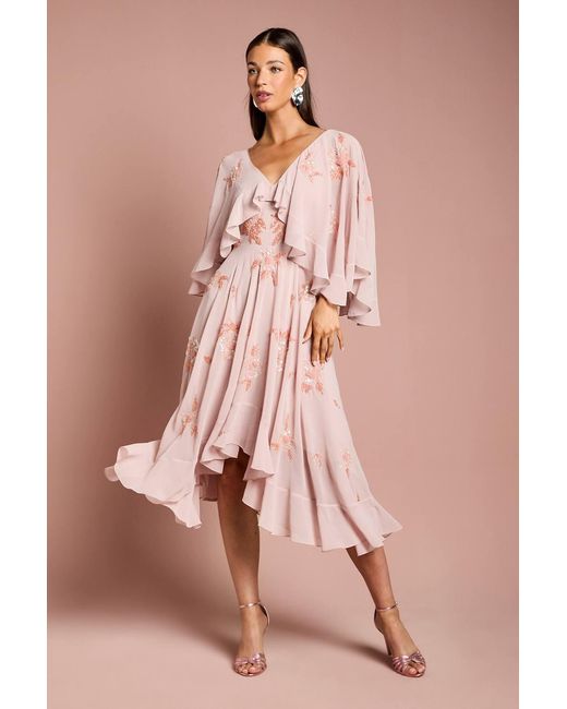 v neck ruffle hem cape large hemline midi dress beige Coast Embellished Frill in Pink dress_mini