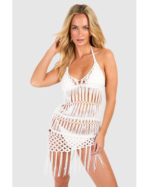 Boohoo White Crochet Tassel Hem Halterneck Beach Mini Dress