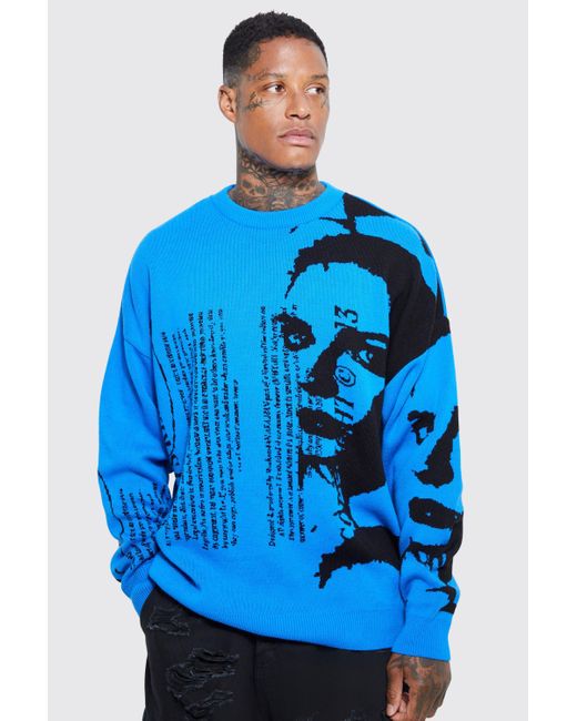 Boohoo Oversized Portrait Text Knitted Jumper in Blue for Men | Lyst