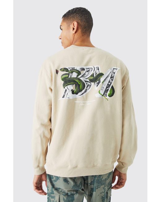 BoohooMAN Natural Oversized Bm Snake Graphic Sweater for men