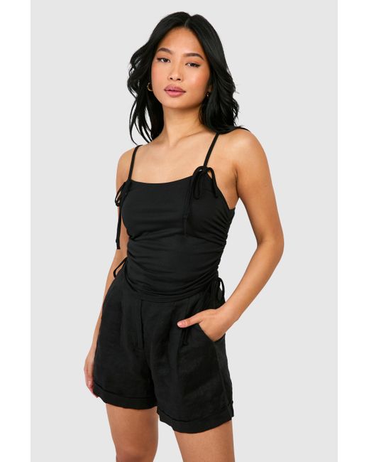 Boohoo Black Petite Bow Strap Detail Ruched Cami