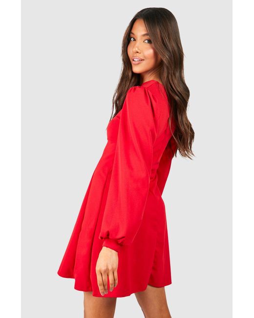 Boohoo Blouson Sleeve Skater Dress in Red
