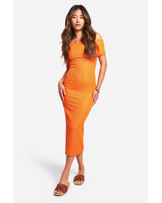 Boohoo Orange Textured Bardot Cut Out Back Midaxi Dress