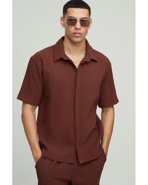 BoohooMAN Kurzärmliges Oversize Hemd mit verdeckter Knopfleiste in Brown für Herren