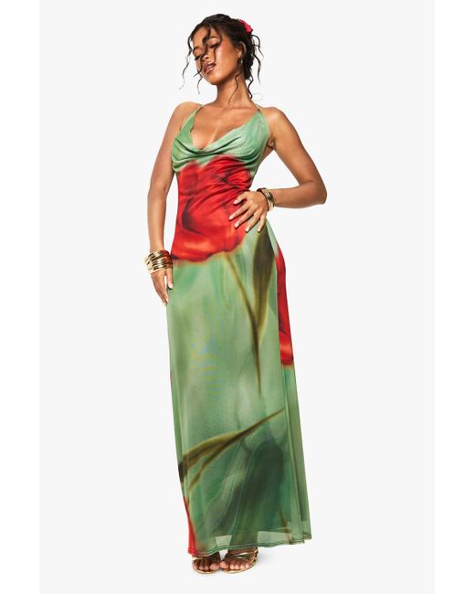 boohoo green floral dress boohoo Women's Floral Asymmetric Flare Sleeve Midaxi Dress