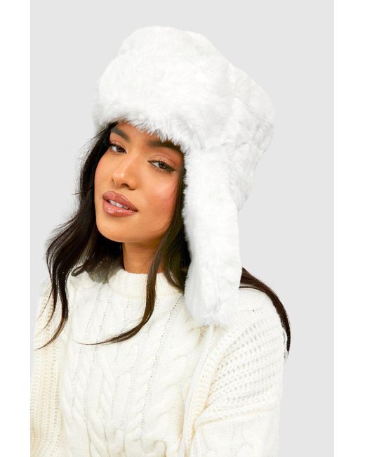 Boohoo Natural Cream Faux Fur Trapper Ski Hat
