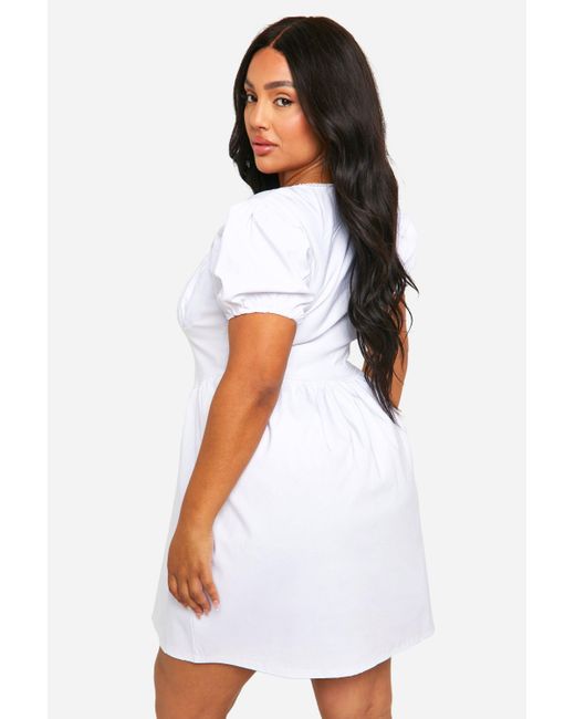 Boohoo White Plus Bengaline Puff Sleeve Milkmaid Skater Dress