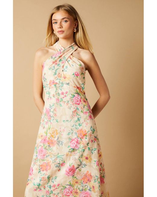 Oasis Natural Occasion Floral Halterneck Jacquard Midi Dress