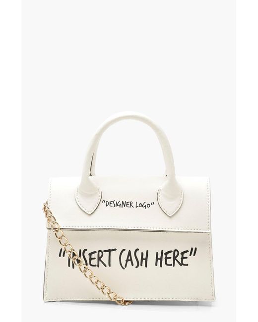 Boohoo Insert Cash Here Slogan Structured Cross Body Bag in White | Lyst