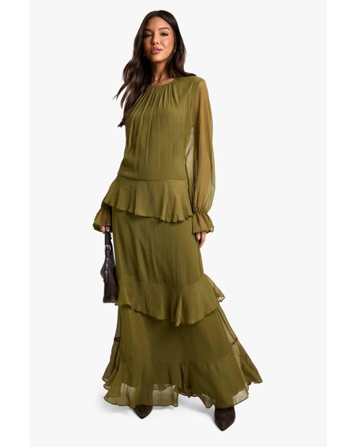 Boohoo Women's Green Crinkle Chiffon Ruffle Blouson Maxi Dress