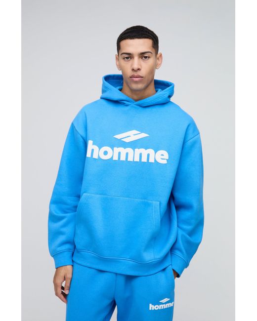 Sudadera Oversize Con Capucha Y Estampado Homme En Relieve Boohoo de color Blue