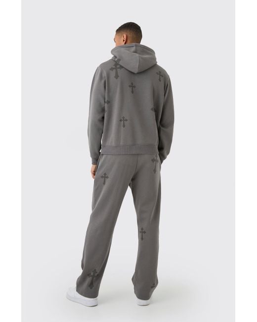 Boohoo Gray Regular Fit Cross Printed Hooded Tracksuit