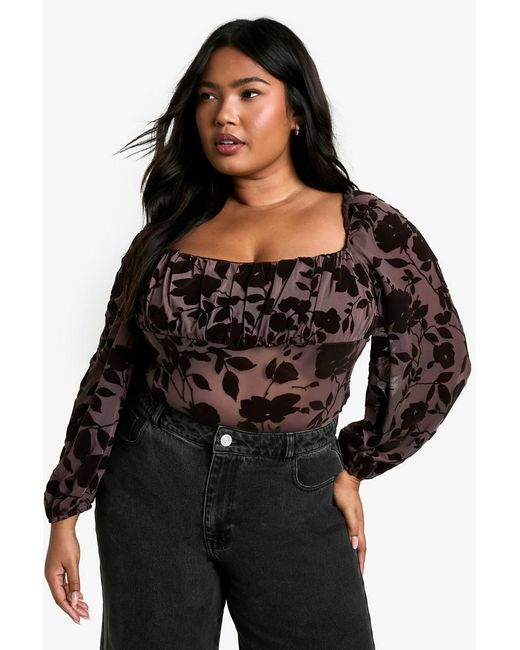 Boohoo Black Plus Devore Ruched Bust One Piece