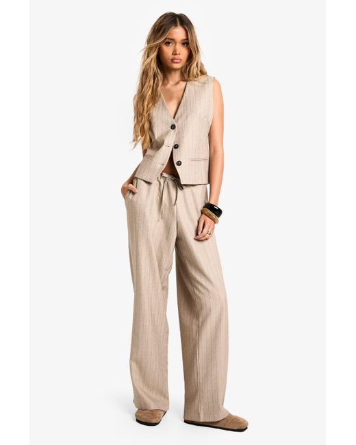 Boohoo Natural Pinstripe Tailored Wide Leg Trousers