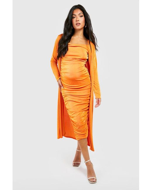 Boohoo Maternity Strappy Cowl Neck Dress And Duster Coat in Orange