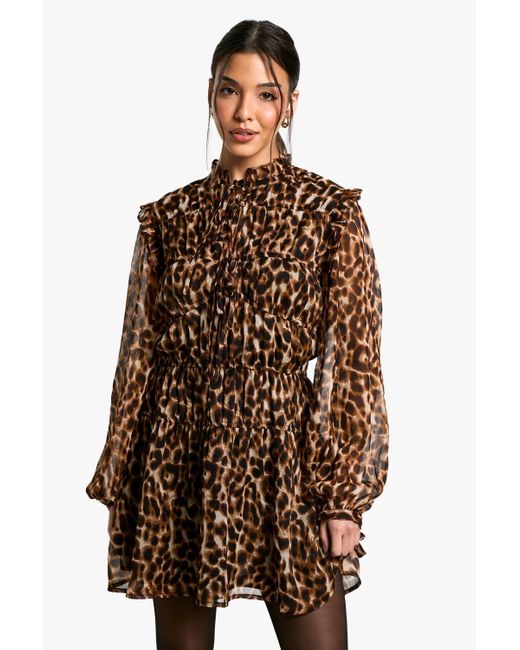 Boohoo Women's Brown Leopard Tie Chiffon Smock Dress