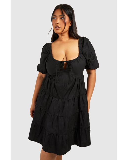 Boohoo Black Plus Woven Puff Sleeve Tiered Mini Smock Dress