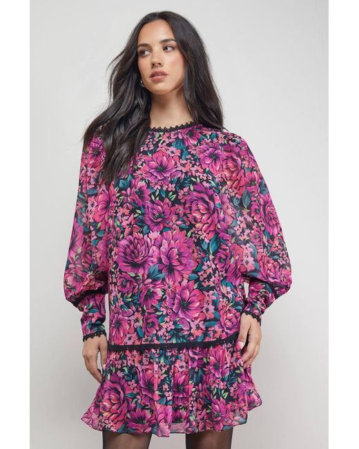 Oasis Purple Printed Blouson Sleeve Tie Back Mini Dress