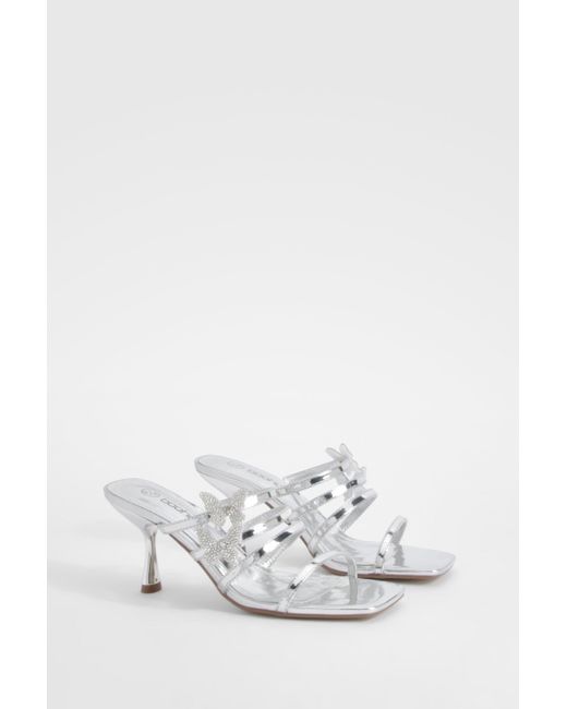 Boohoo White Butterfly Emellished Multi Strap Heeled Mules