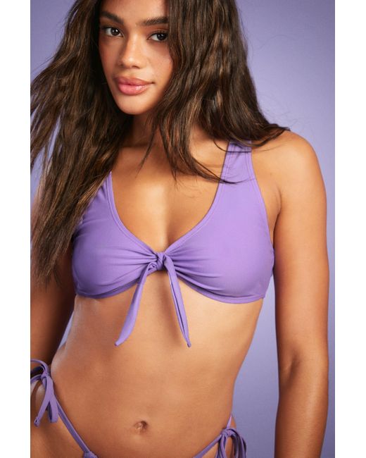 Mix & Match Tie Plunge Bikini Top Boohoo de color Purple