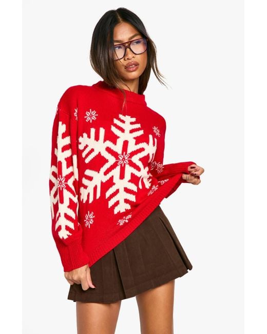 Boohoo Women's Red Snowflake Christmas Sweater