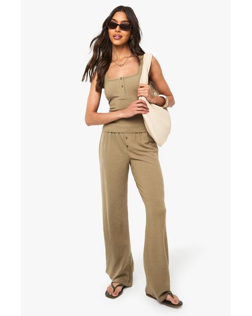 Boohoo Natural Ribbed Henley Button Sleeveless Tank And Straight Leg Trouser Co-Ord
