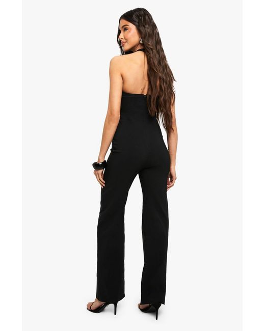 Boohoo Black Bengaline Halterneck Corset Jumpsuit