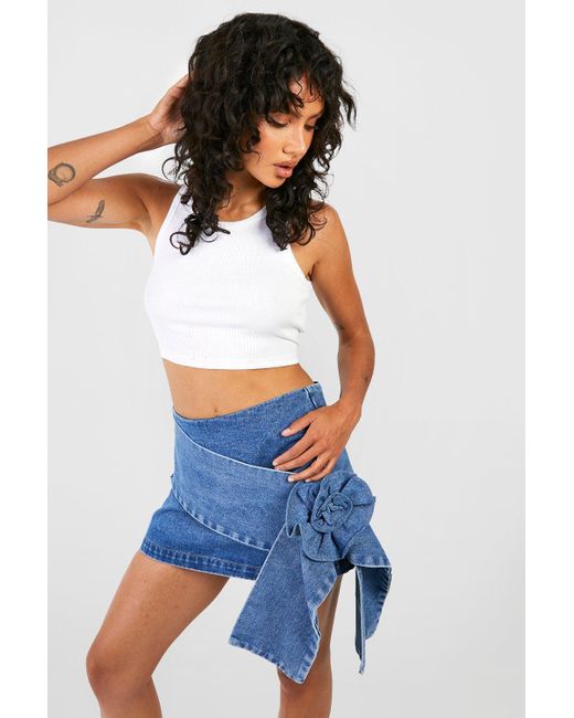 Boohoo White Wrap Detail Rose Corsage Denim Mini Skirt