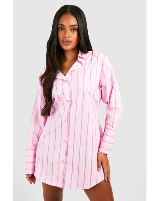 Boohoo Pink Striped Cinched Waist Shirt Dress