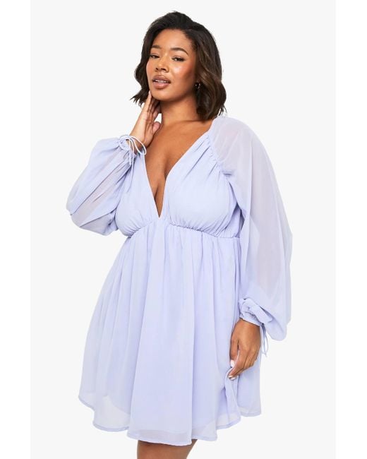 Boohoo Women's White Plus Chiffon Volume Sleeve Skater Dress