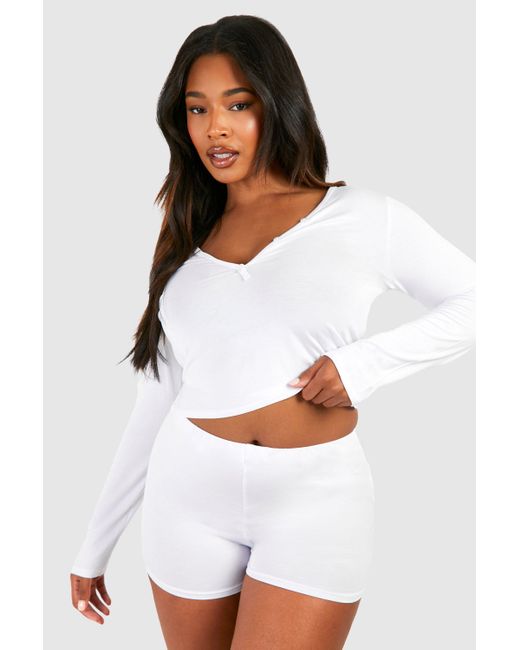 Boohoo White Plus Peached Long Sleeve Button Front Short Set