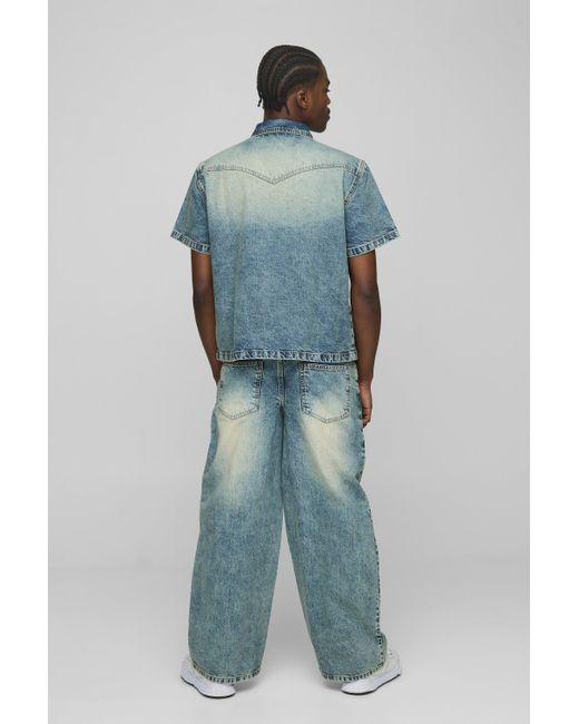 BoohooMAN Blue Rigid Baggy Fit Washed Jeans for men