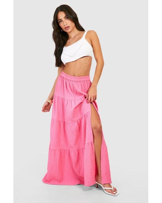 Boohoo Pink Petite Textured Tiered Hem Woven Maxi Skirt
