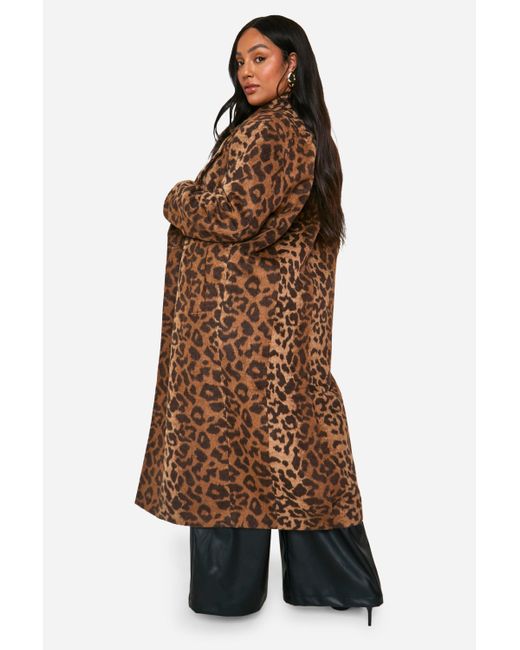 Boohoo Brown Plus Leopard Print Oversized Wool Look Coat