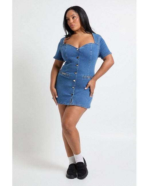 Plus Denim Gold Trim Button Down Shift Dress Boohoo de color Blue