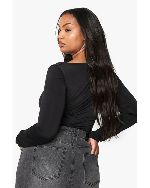 Boohoo Black Plus Double Layer Slinky Square Neck One Piece