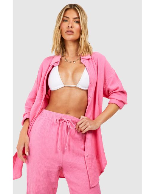 Boohoo Pink Crinkle Cotton Oversized Beach Shirt